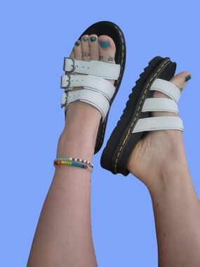 Dr. Martens White Leather Triple-Strap Sandals with Yellow Stitching